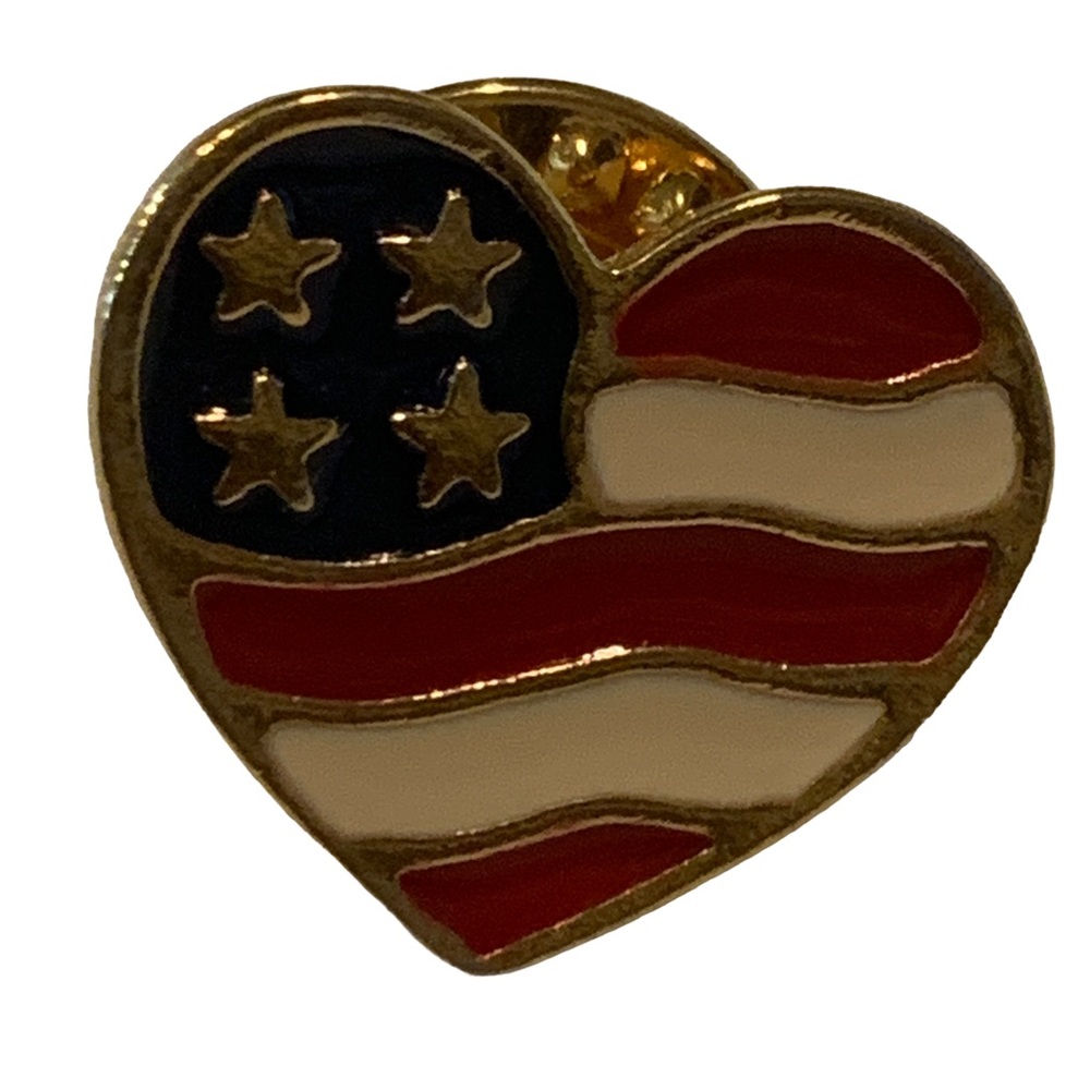 USA Flag Pin Made In USA 2001 By Avon Heart Shaped Gold Tone Enamel